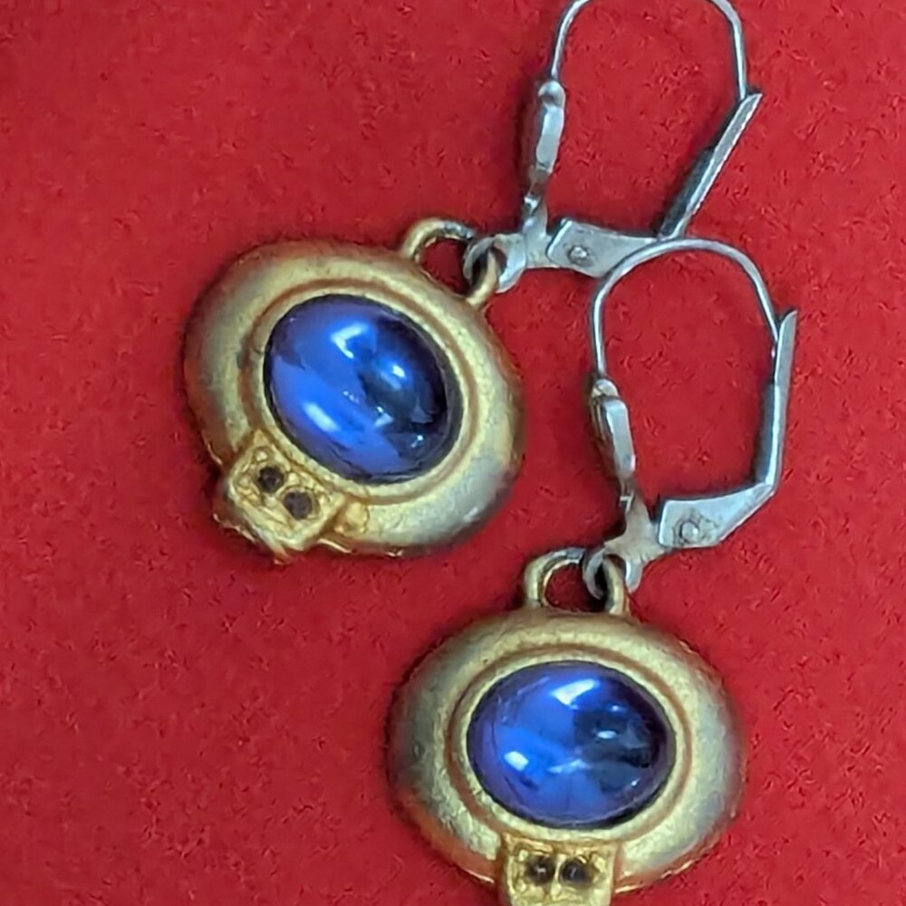Artisan Lapis Blue & Gold Tone Teardrop Stud Earrings Craft Show Statement